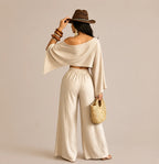 Off-Shoulder Cape Top & Wide Leg Pants Set – Beach Vacation 2-Piece | Oyese