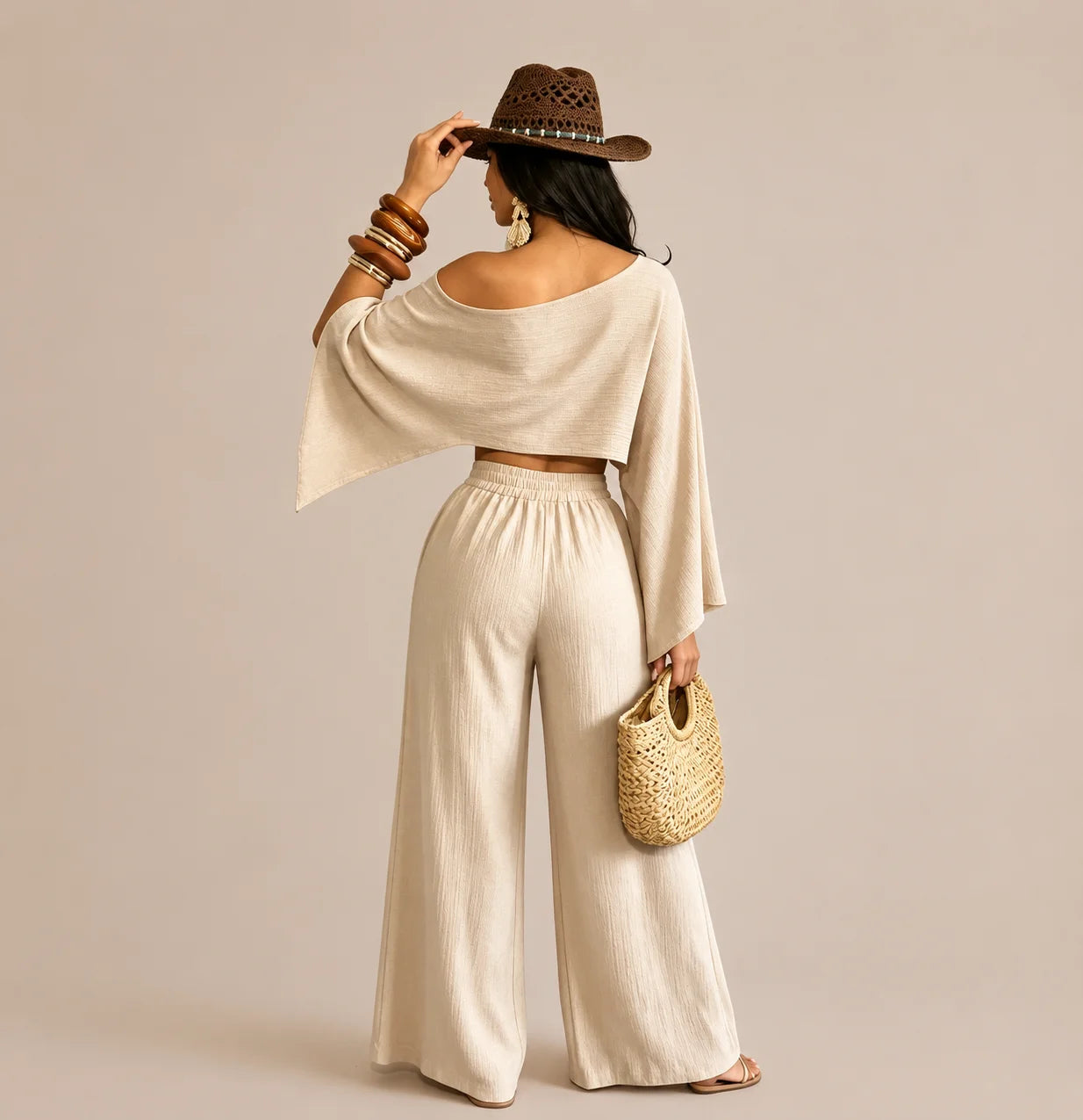 Off-Shoulder Cape Top & Wide Leg Pants Set – Beach Vacation 2-Piece | Oyese