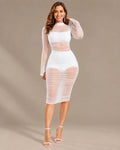 Mock Neck Long Sleeve Mesh Ruched Bodycon Dress 3 Piece Set | Oyese