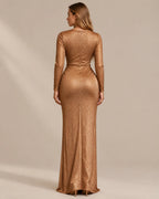Shimmer Wrap V Neck Long Sleeve Maxi Dress – High Slit Evening Gown | Oyese