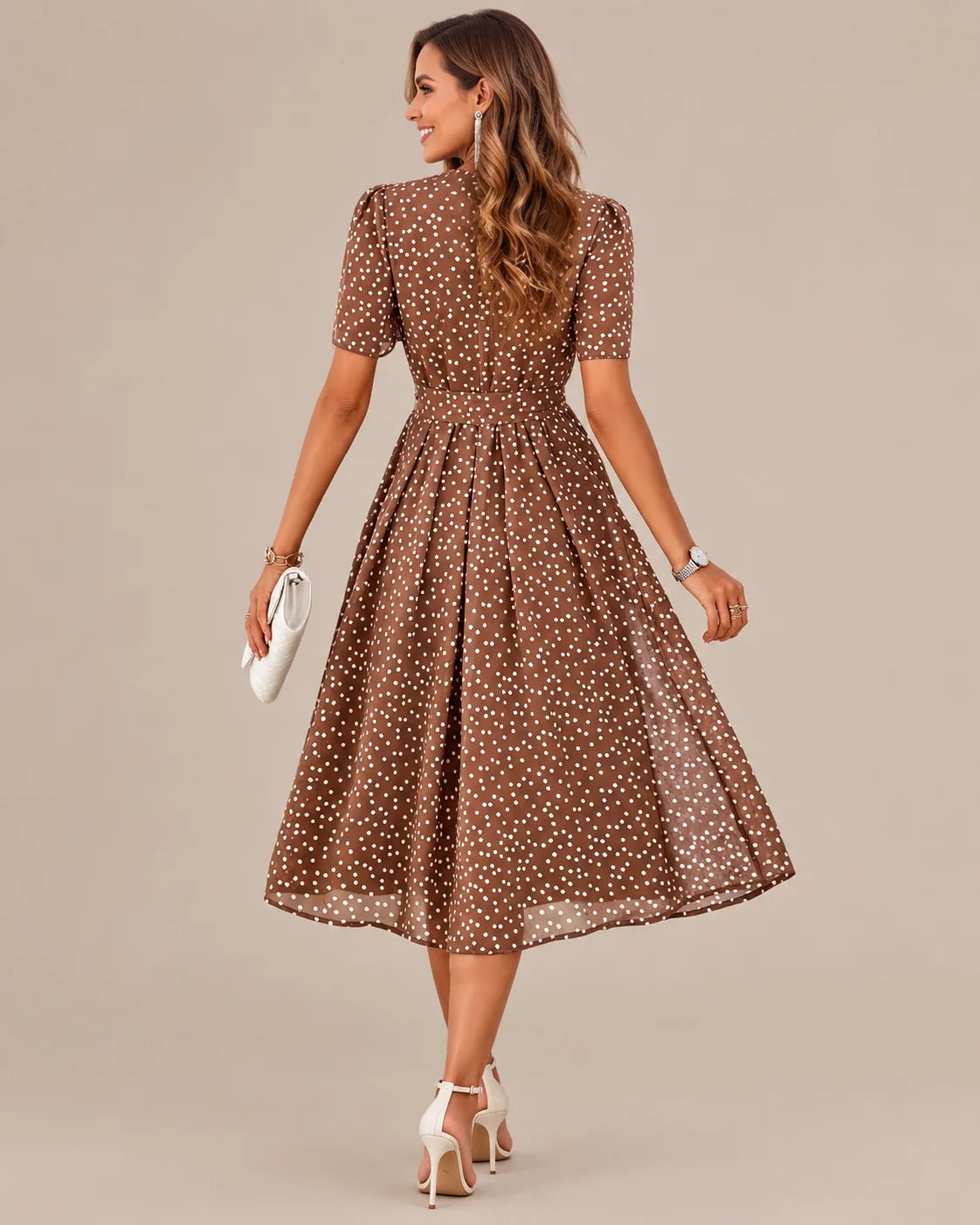 Polka Dot Tie Waist Fit-and-Flare Midi Dress | Oyese