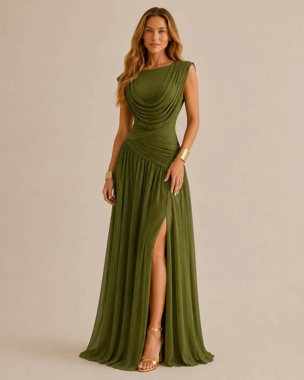 Cowl Neck Draped Ruched Gown – Asymmetric Open Back High Slit Maxi Dress | Oyese