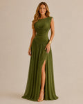 Cowl Neck Draped Ruched Gown – Asymmetric Open Back High Slit Maxi Dress | Oyese