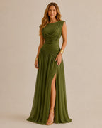 Cowl Neck Draped Ruched Gown – Asymmetric Open Back High Slit Maxi Dress | Oyese