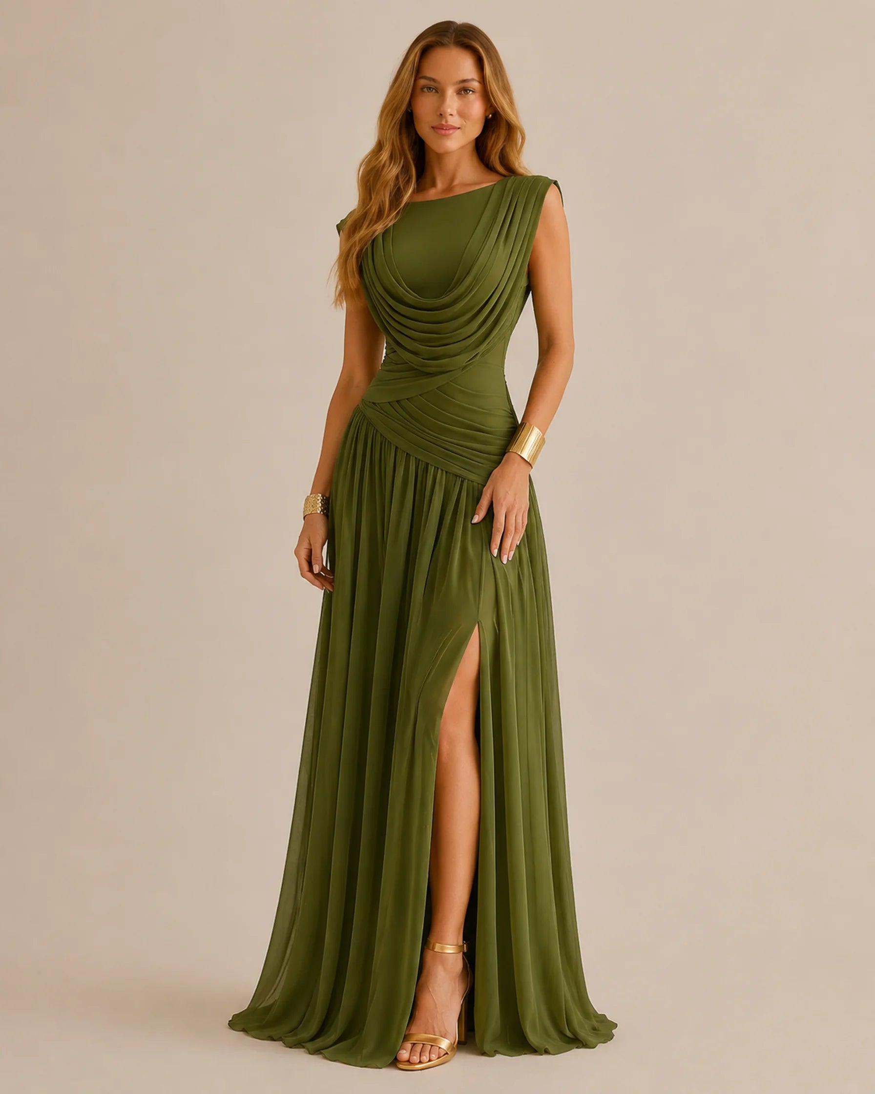 Cowl Neck Draped Ruched Gown – Asymmetric Open Back High Slit Maxi Dress | Oyese