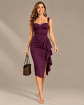 Sweetheart Bustier Ruched Side Ruffle Slit Midi Dress | Oyese