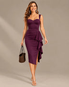 Sweetheart Bustier Ruched Side Ruffle Slit Midi Dress | Oyese