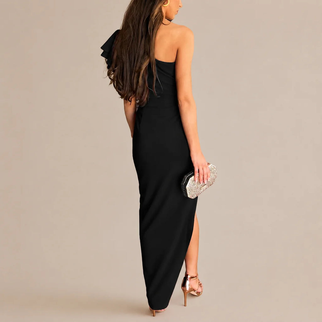 One Shoulder Ruffle Sleeve Cutout Maxi Dress – High Slit Formal Gown | Oyese