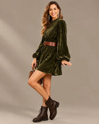 Velvet Lace Yoke Long Puff Sleeve Babydoll Mini Dress | Oyese