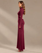 High Neck Long Sleeve Ruched Maxi Dress with Waist Cutouts | Oyese