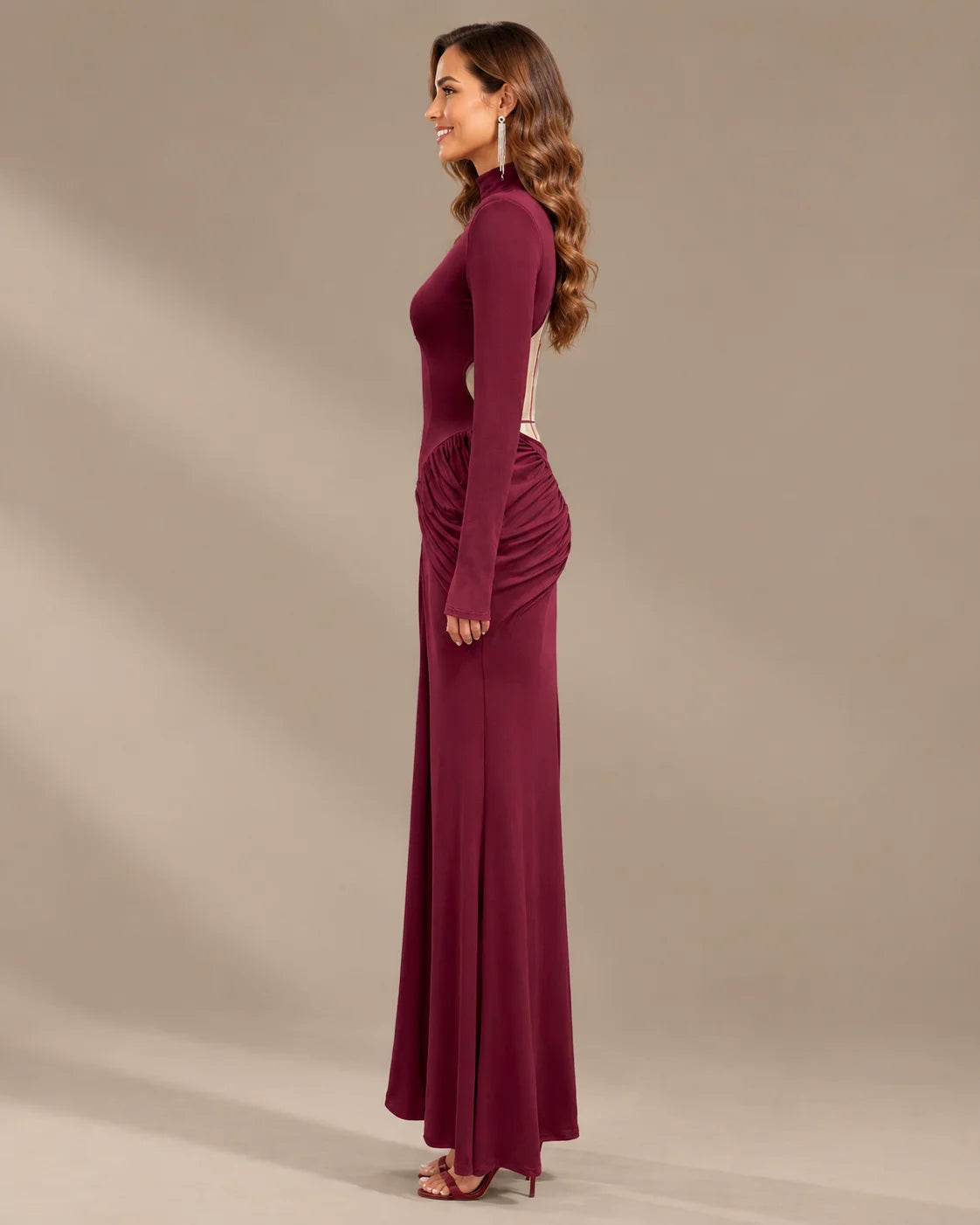 High Neck Long Sleeve Ruched Maxi Dress with Waist Cutouts | Oyese