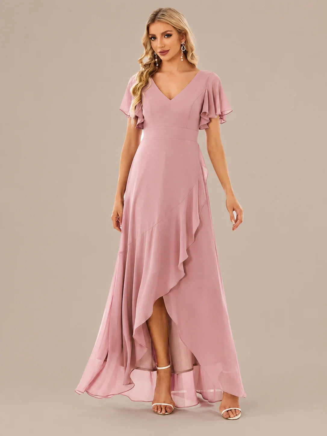 Double V-Neck Flutter Sleeve Flowy Slit Maxi Gown | Oyese