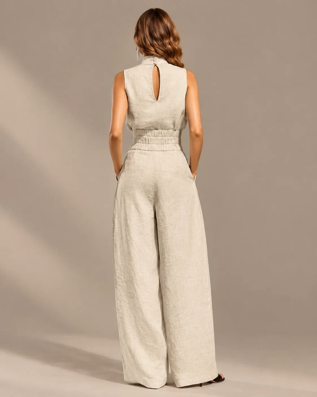 Linen-Blend Sleeveless Mock Neck Top and Wide-Leg Pants Set | Oyese