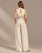 Linen-Blend Sleeveless Mock Neck Top and Wide-Leg Pants Set | Oyese