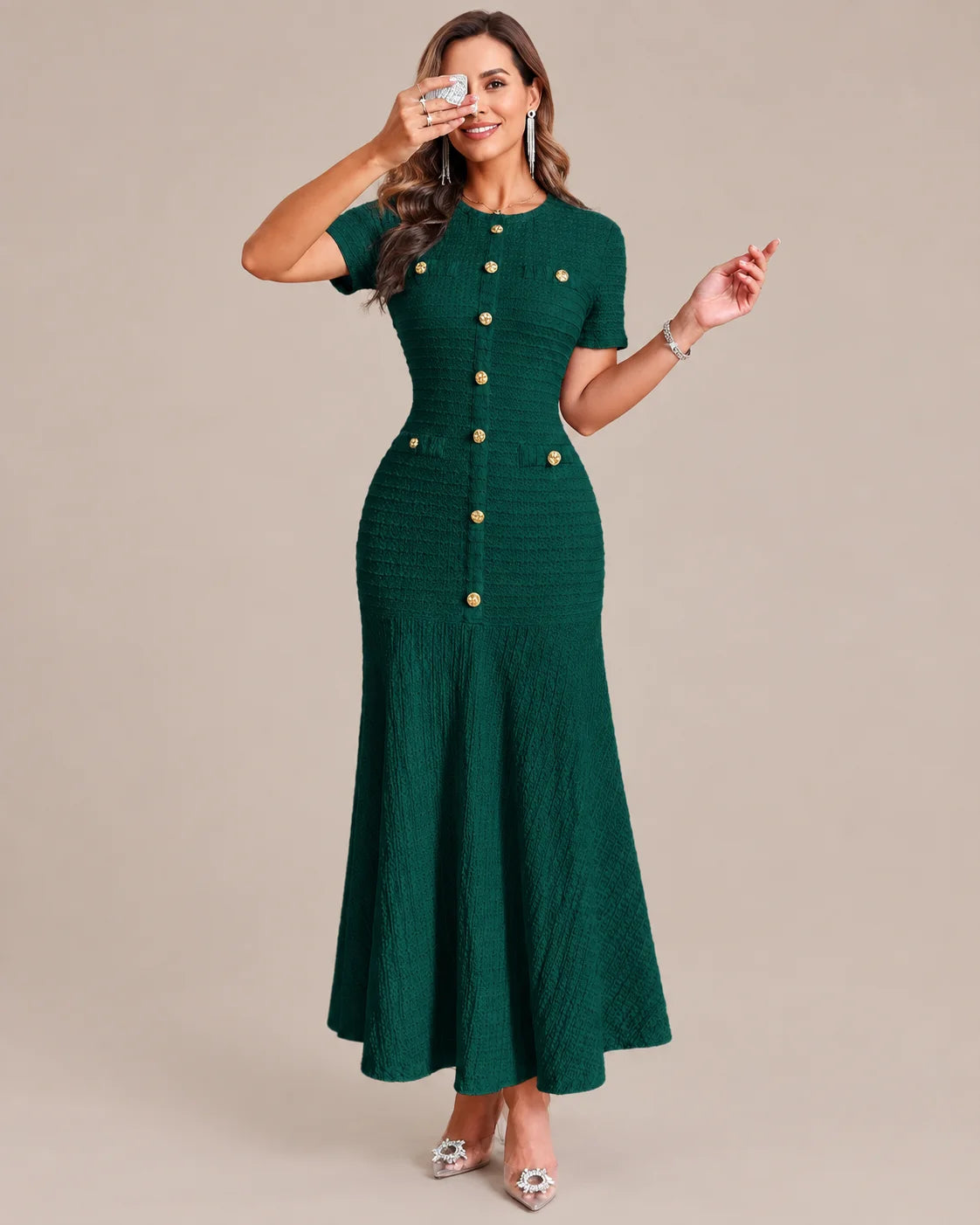 Textured Tweed Button Front Fitted Flare Midi Dress | Oyese