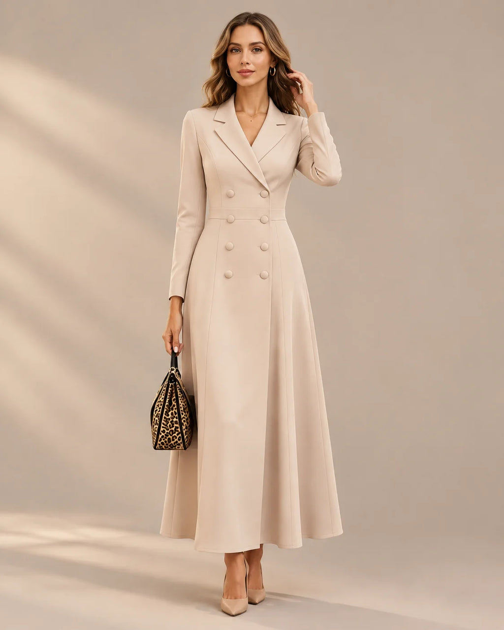 Double-Breasted Long Sleeve Fit and Flare Blazer Maxi Dress | Oyese