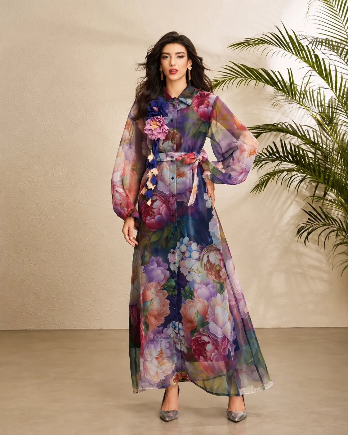Vintage Floral Puff Sleeve Belted Maxi Dress | Oyese