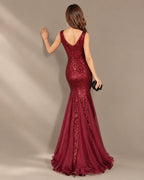 Deep V-Neck Beaded Tulle Mermaid Evening Gown | Oyese
