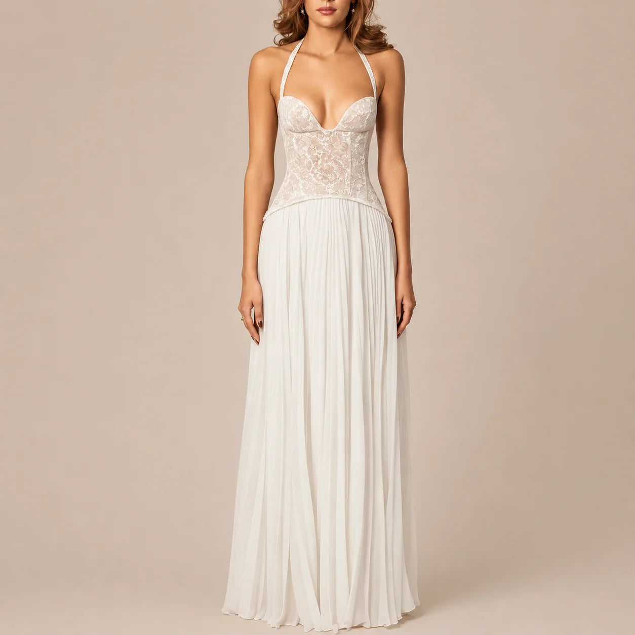 Lace Corset Halter Maxi Dress – Pleated A-Line Backless Formal Gown | Oyese