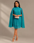 Mock Neck Pleated Chiffon Cape Shift Dress | Oyese
