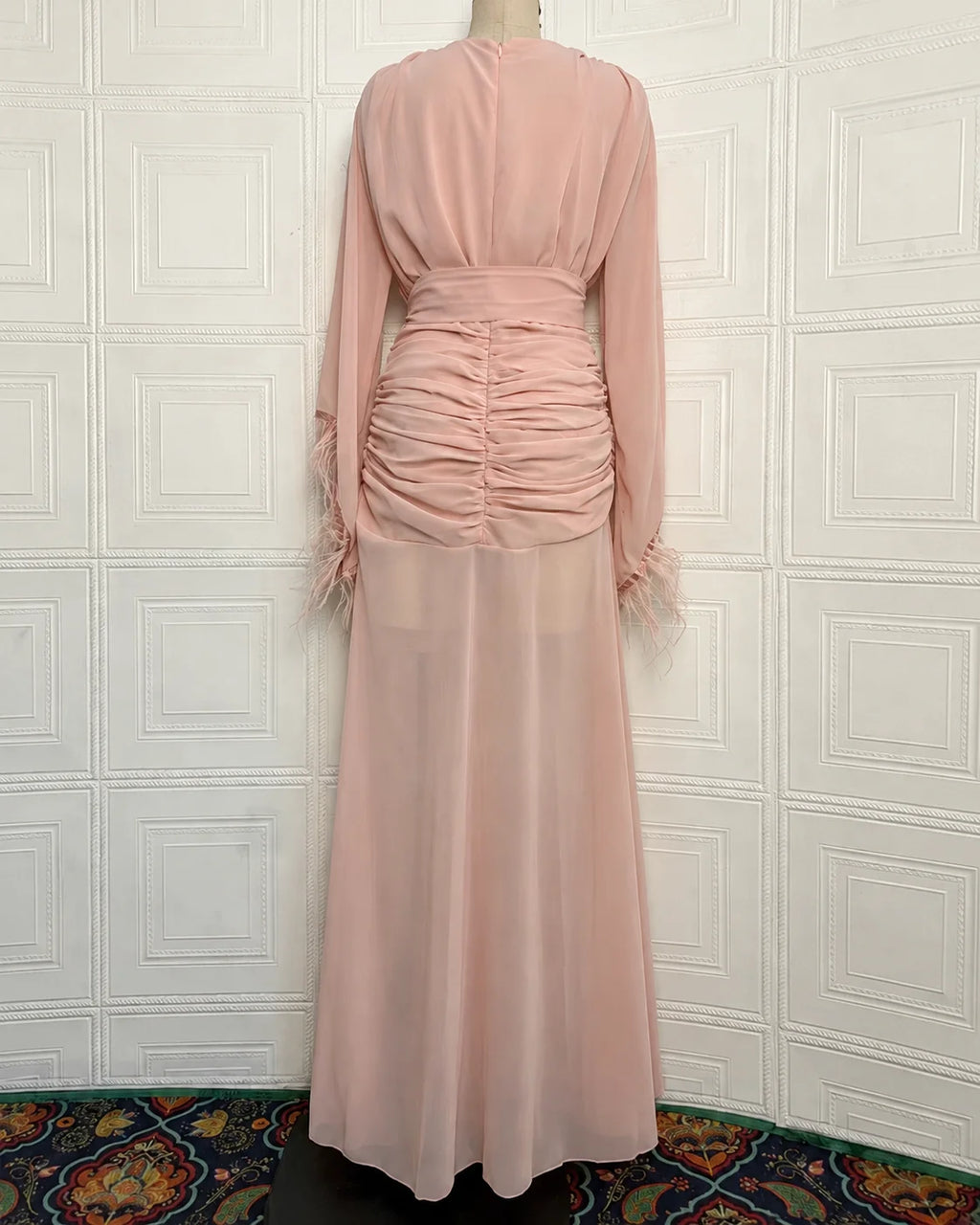 Deep V Long Sleeve Feather Cuff Maxi Dress with Slit | Oyese