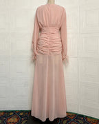 Deep V Long Sleeve Feather Cuff Maxi Dress with Slit | Oyese