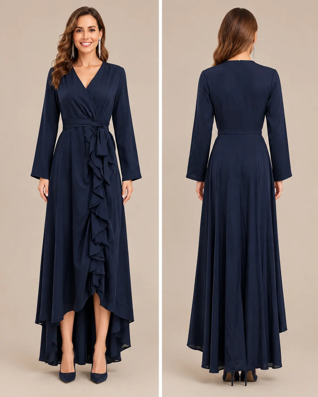 V-Neck Wrap Belted Satin High-Low Ruffle Dress | Oyese
