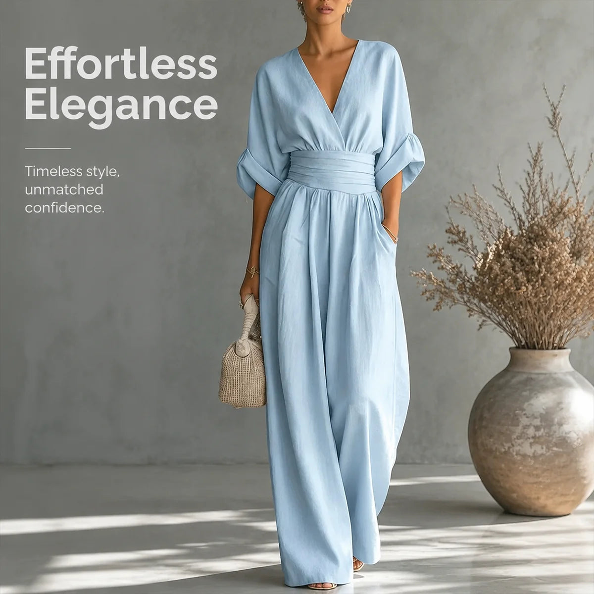 Women's Elegant V-Neck Wide-Leg Jumpsuit