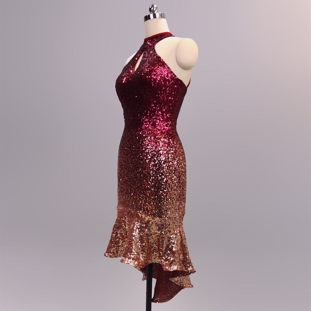 Halter Keyhole Ombre Sequin High-Low Mini Dress | Oyese