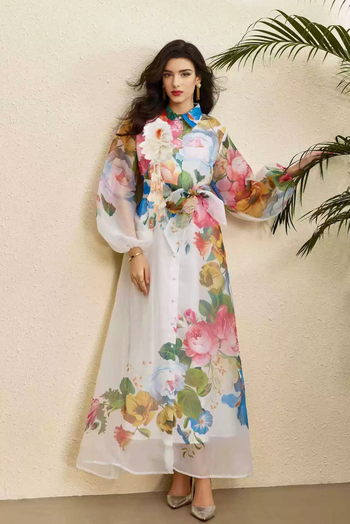 Vintage Floral Puff Sleeve Belted Maxi Dress | Oyese