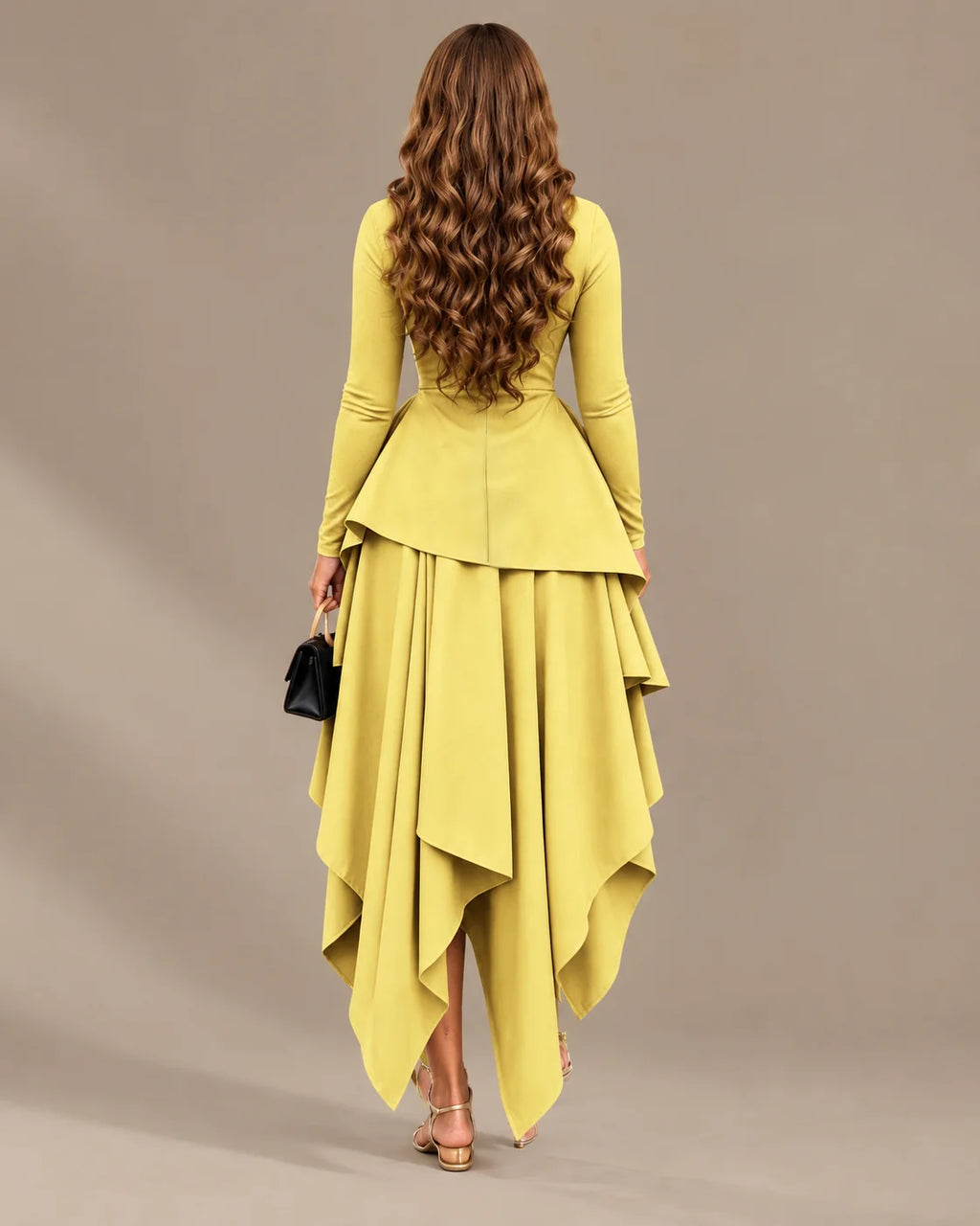 Round Neck Long Sleeve Peplum Asymmetric Tiered Maxi Dress | Oyese