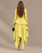 Round Neck Long Sleeve Peplum Asymmetric Tiered Maxi Dress | Oyese
