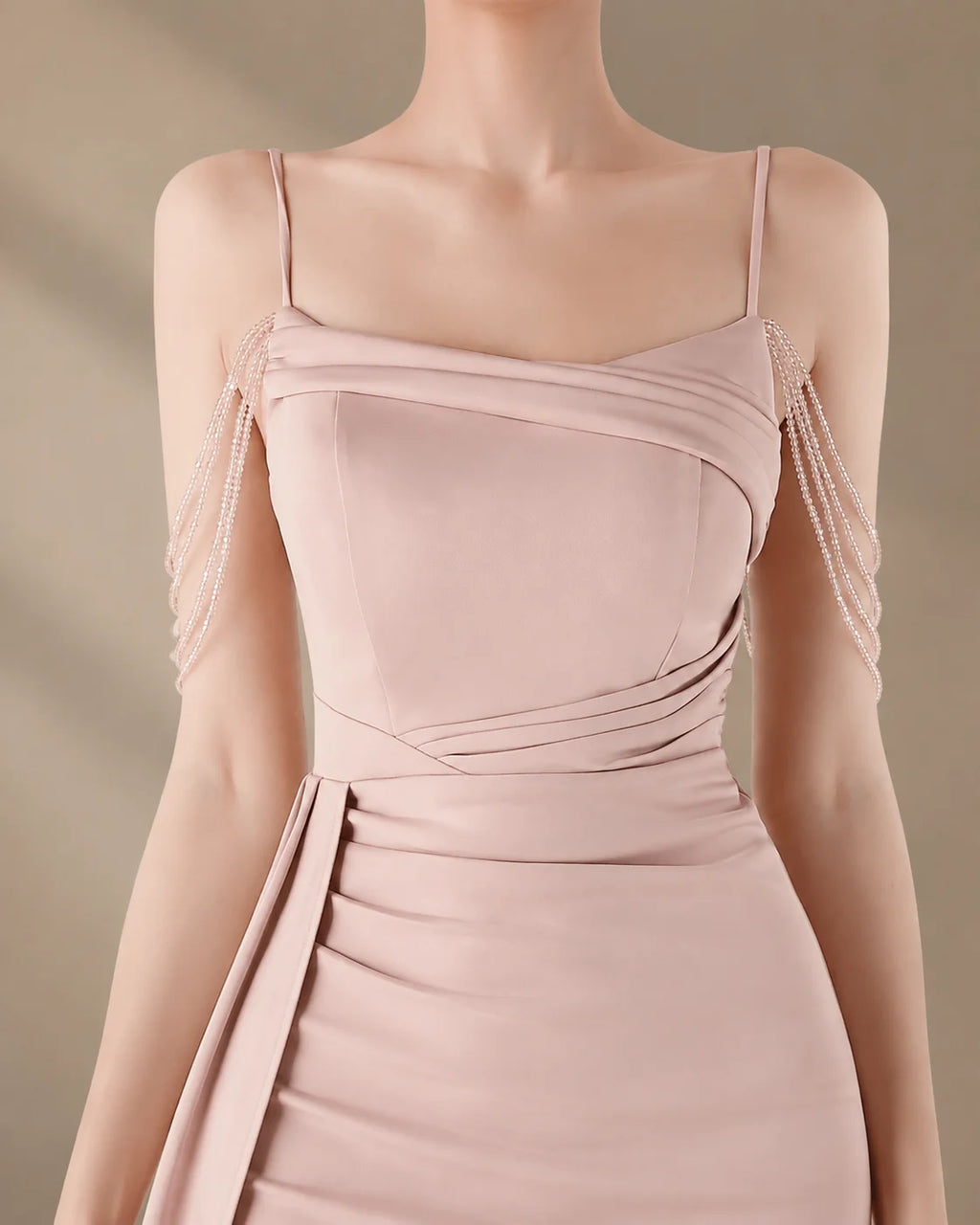 Spaghetti Strap Beaded Chain Draped Satin Mermaid Gown | Oyese