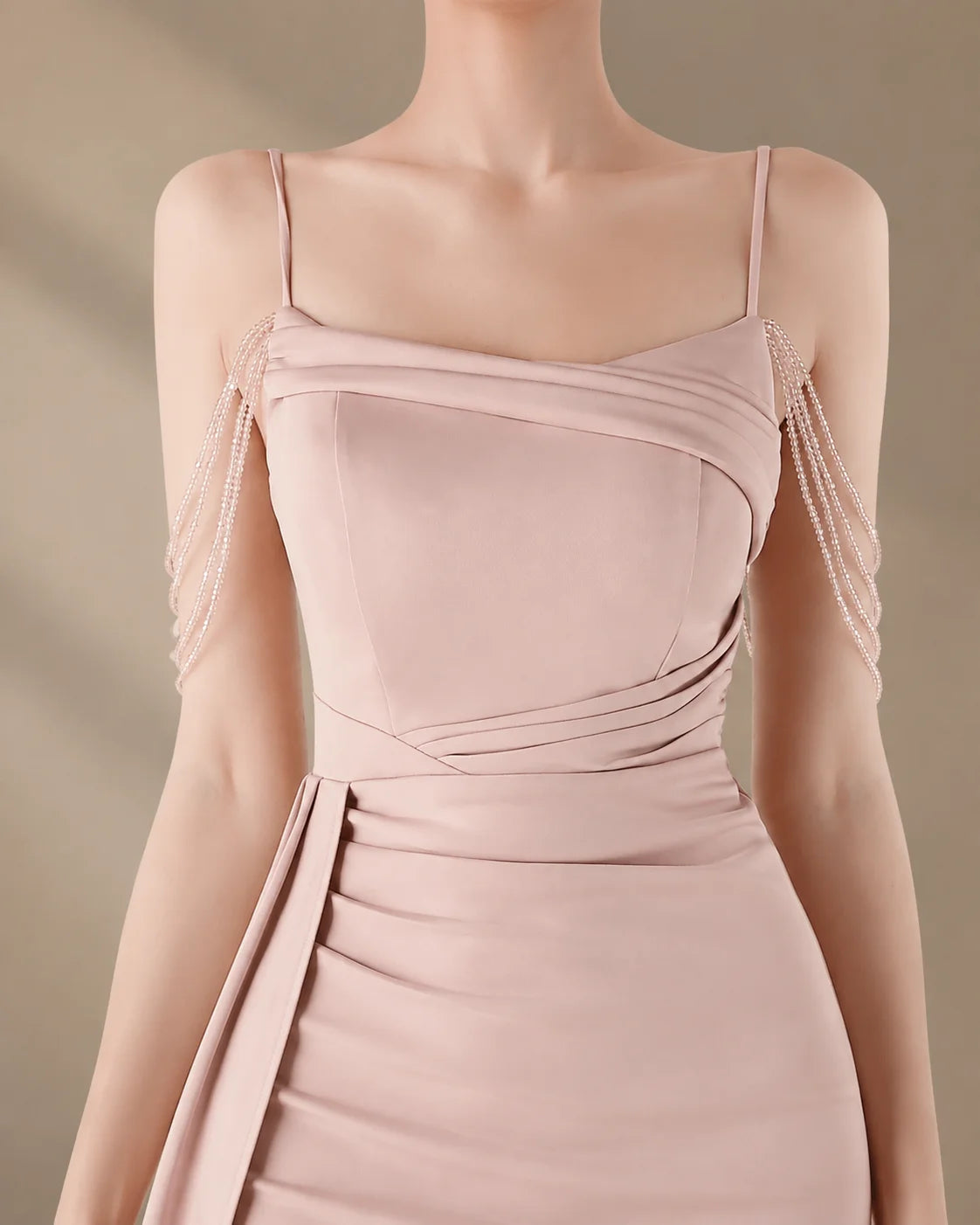 Spaghetti Strap Beaded Chain Draped Satin Mermaid Gown | Oyese