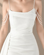Spaghetti Strap Beaded Chain Draped Satin Mermaid Gown | Oyese