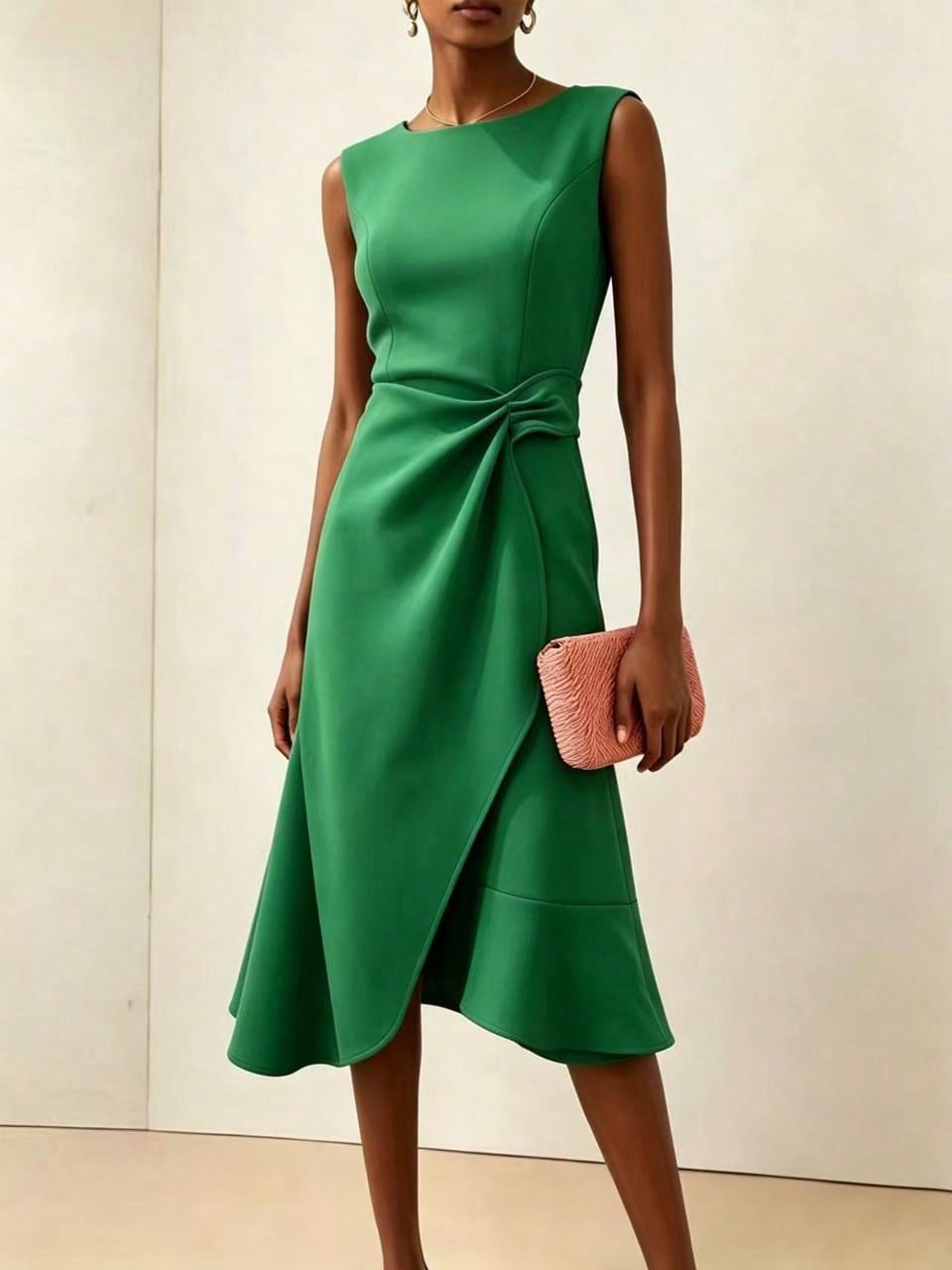 Twisted Knot Waist Midi Dress – Sleeveless Round Neck Office Dress | Oyese