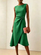 Twisted Knot Waist Midi Dress – Sleeveless Round Neck Office Dress | Oyese
