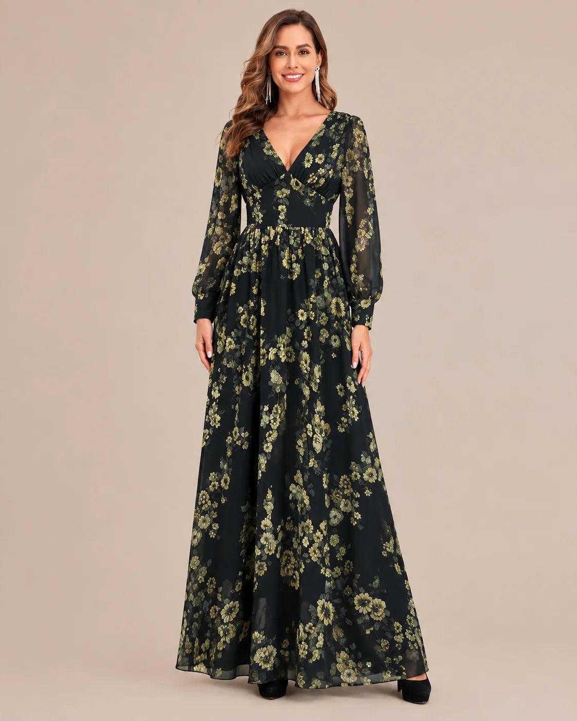 Floral V-Neck Puff Sleeve Smocked Maxi Dress | Oyese