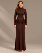 High Neck Long Sleeve Ruched Maxi Dress with Waist Cutouts | Oyese