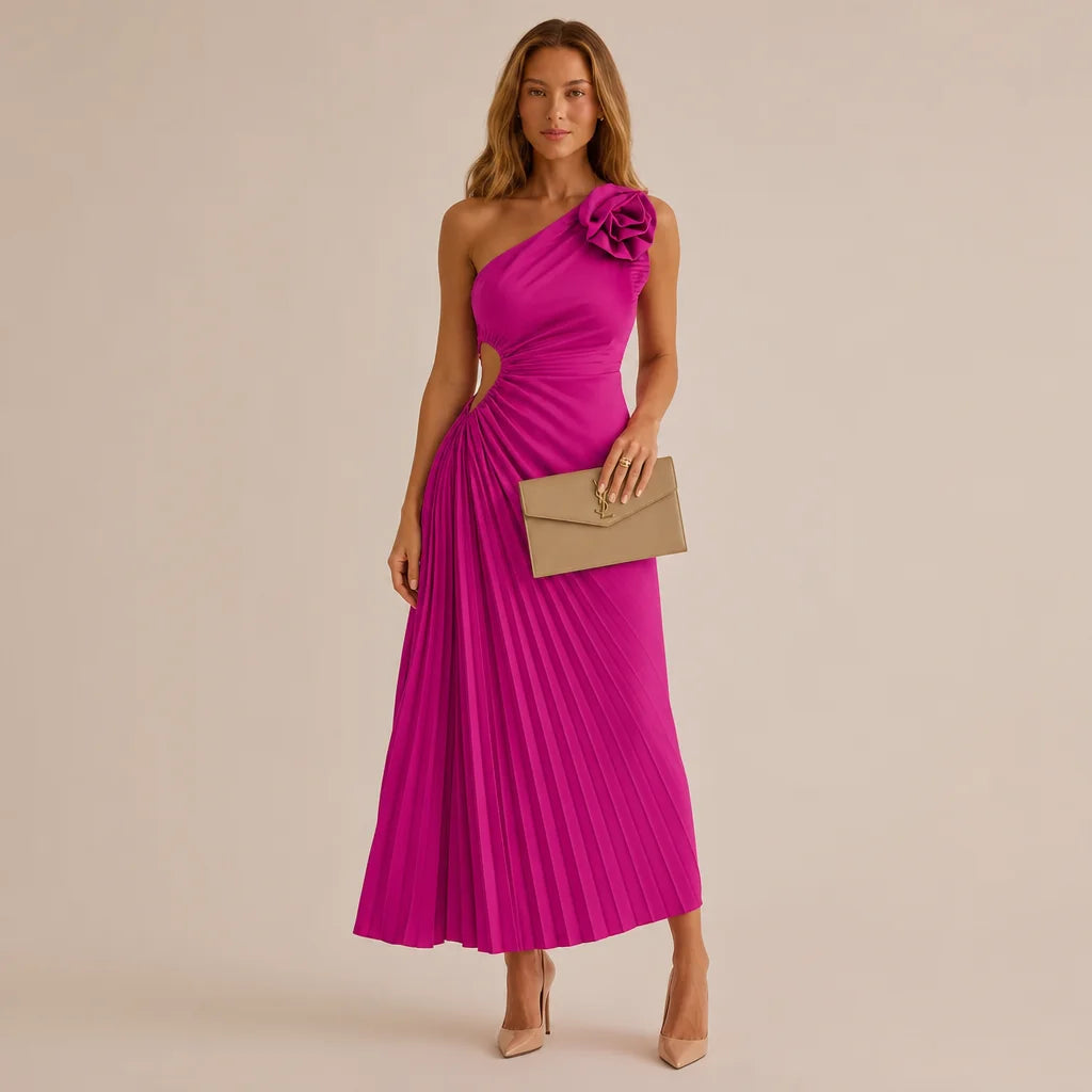 One Shoulder Rosette Pleated Maxi Dress – Cutout Waist Formal Gown | Oyese