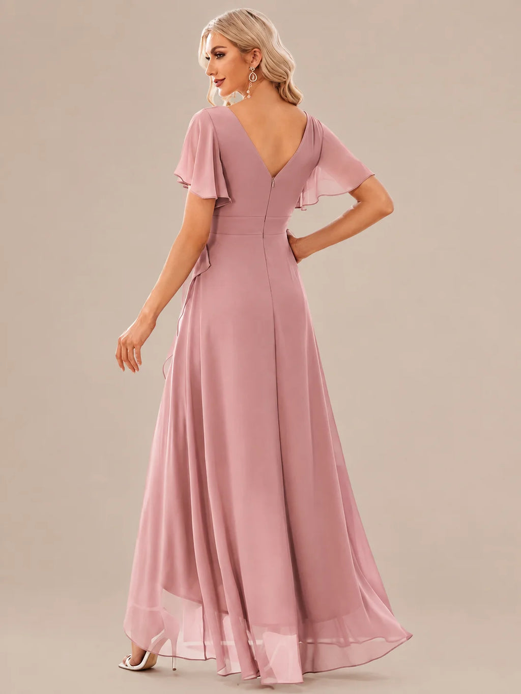 Double V-Neck Flutter Sleeve Flowy Slit Maxi Gown | Oyese