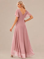 Double V-Neck Flutter Sleeve Flowy Slit Maxi Gown | Oyese