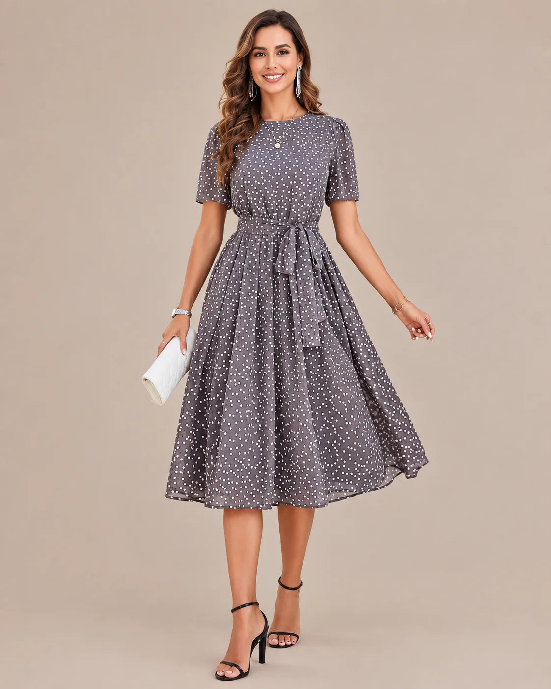 Polka Dot Tie Waist Fit-and-Flare Midi Dress | Oyese