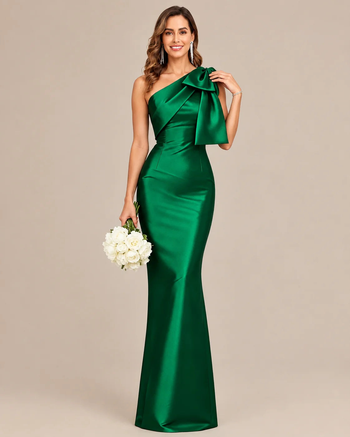 One-Shoulder Bow Satin Mermaid Evening Gown | Oyese