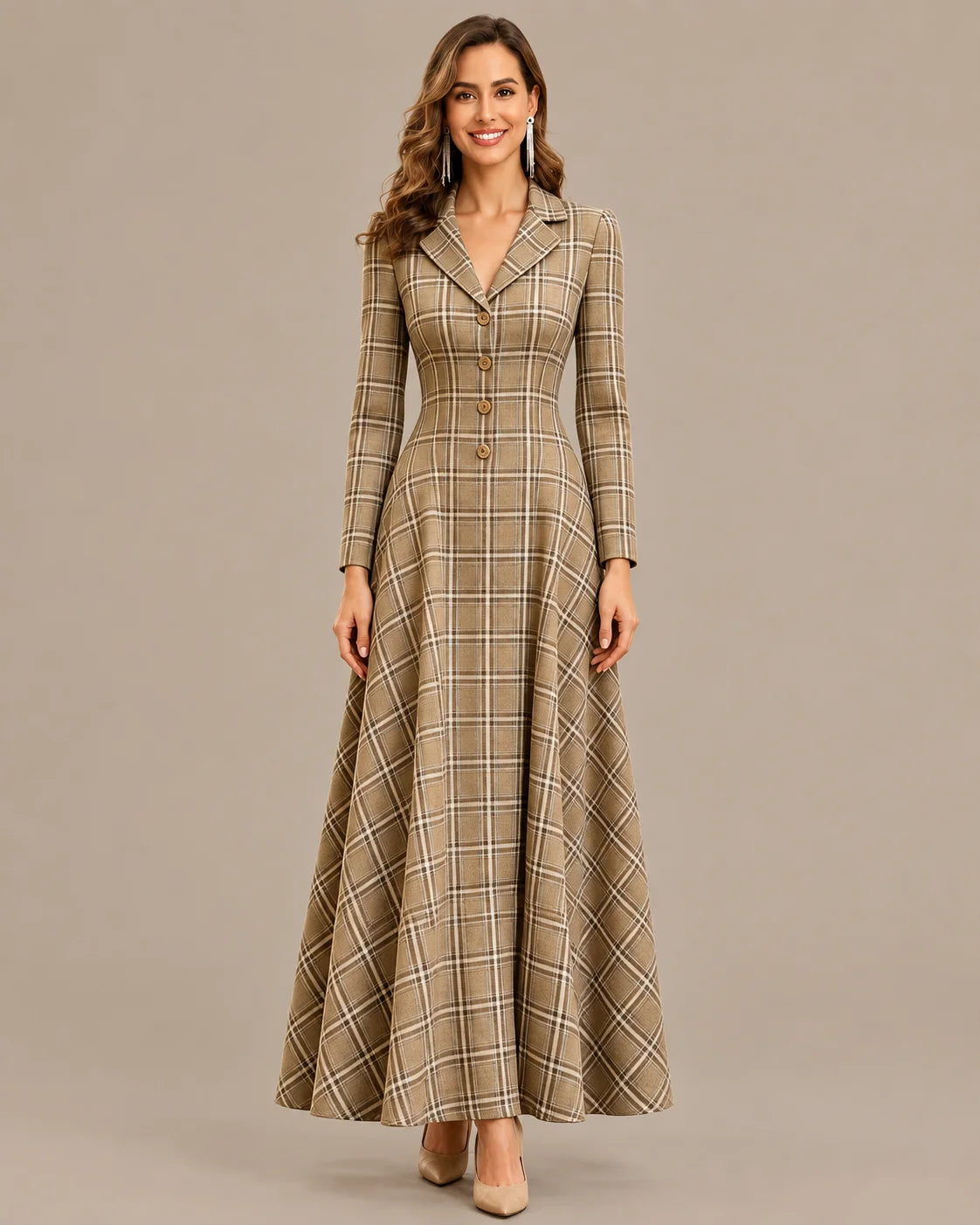 Notched Lapel Plaid Button Front A-Line Maxi Dress | Oyese
