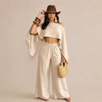 Off-Shoulder Cape Top & Wide Leg Pants Set – Beach Vacation 2-Piece | Oyese