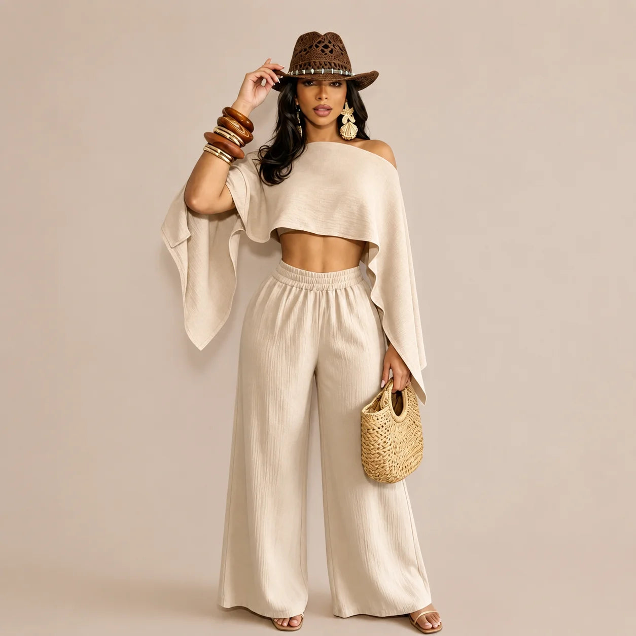Off-Shoulder Cape Top & Wide Leg Pants Set – Beach Vacation 2-Piece | Oyese