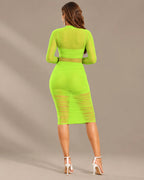 Mock Neck Long Sleeve Mesh Ruched Bodycon Dress 3 Piece Set | Oyese