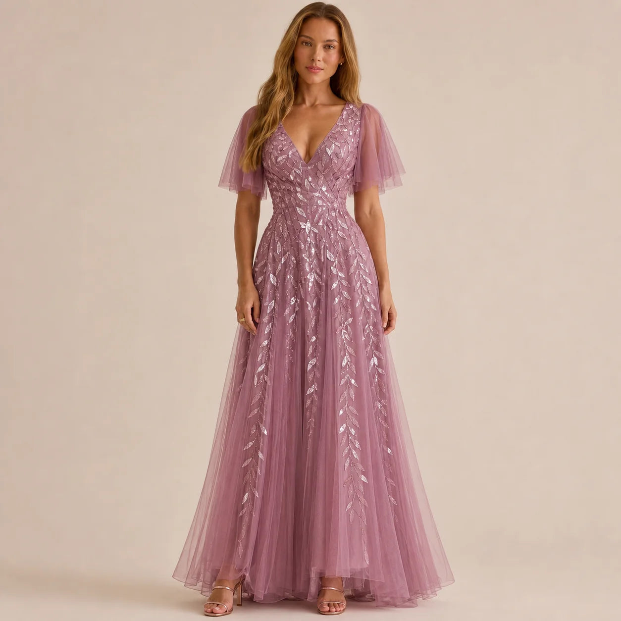 Deep V-Neck Sequin Tulle A-Line Gown – Flutter Sleeve Formal Evening Dress | Oyese