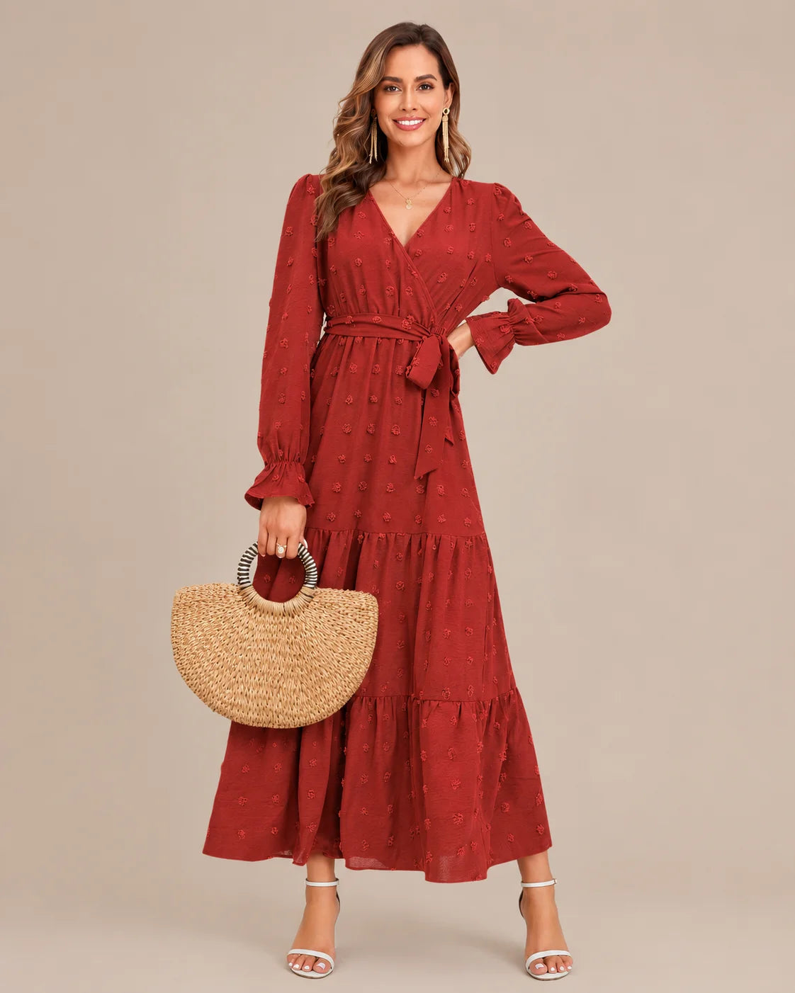 V-Neck Wrap Belted Tiered Swing Maxi Dress | Oyese